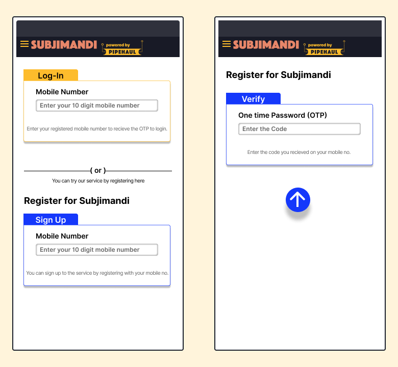 Login/register screen using mobile number and verification screen by OTP