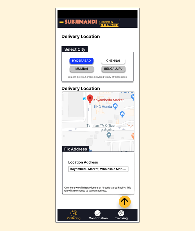 Delivery address screen. Choose delivery location and fix address on Google Maps