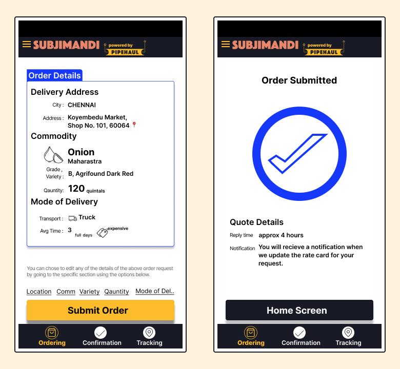 Screens for submitting order and successful order submission